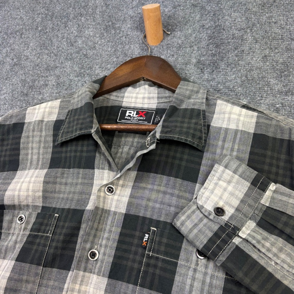 RLX Polo Sport Button Down Mens L Grey Black Plaid Cotton Wool Blend Shirt